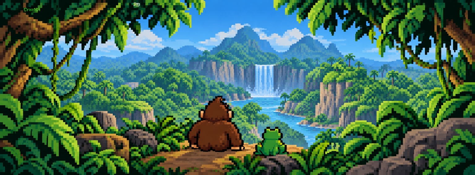 Pixel-art jungle valley: Mudomo and a small green frog overlook a distant waterfall